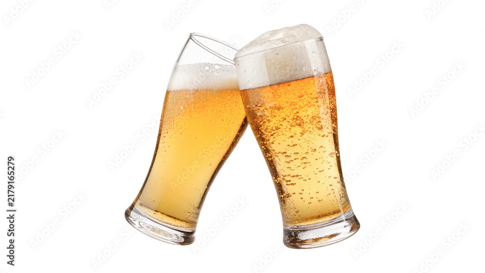 Obraz premium Two glasses of cold light lager beer making toast isolated on transparent background