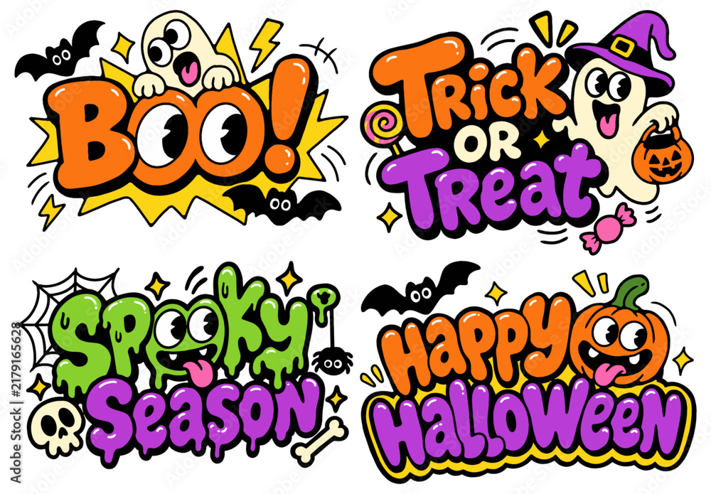 Fototapeta premium Halloween typography quote bundle, colorful bubble lettering with cartoon characters set