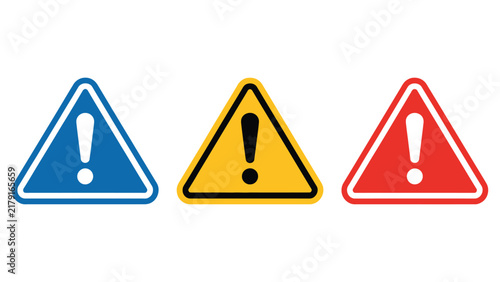 Three triangular warning signs with exclamation marks in blue yellow and red colors on white background