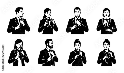 Bild auf Leinwand Business Attire Icons: Men and Women Tying Ties and Scarves, Professional Style