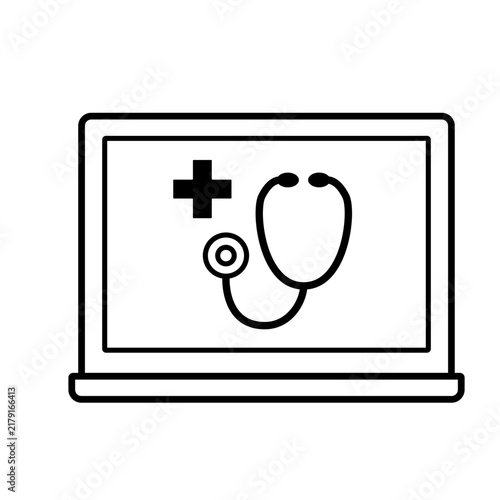 Online medical consultation icon, laptop with stethoscope and cross symbol