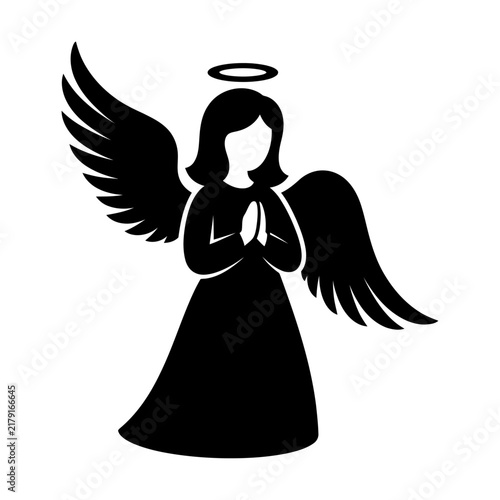 Silhouette of a praying angel with wings isolated on white background