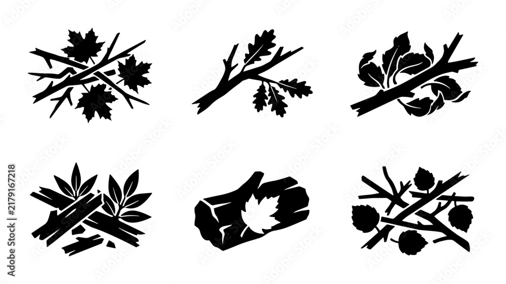 Fototapeta premium Forest Elements Vector Icons: Twigs, Branches, Leaves, and Logs, Nature Collection for Outdoor and Autumn Themes