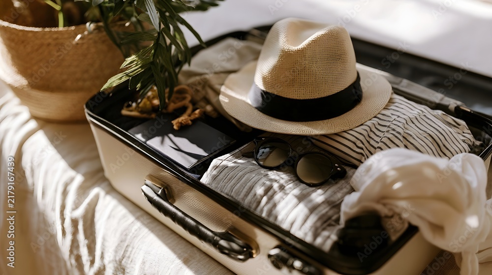 Obraz premium An open suitcase filled with travel essentials including a straw hat sunglasses and neatly folded clothes under warm sunlight