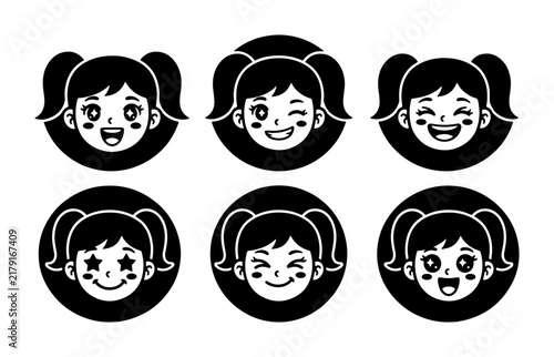Foto Set of 6 Cute Cartoon Girl Faces, Diverse Expressions, Black and White Vector Ic