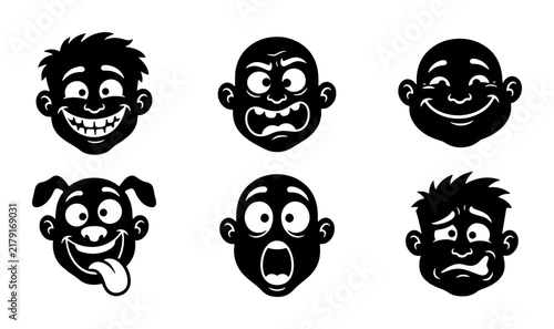 Принти на полотні Vector Set of Six Expressive Cartoon Faces and Dog Icon, Black and White Emotive
