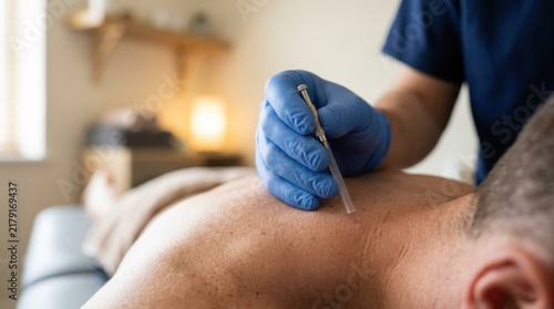 Dry needling physical therapy treatment on a patient back muscle pain