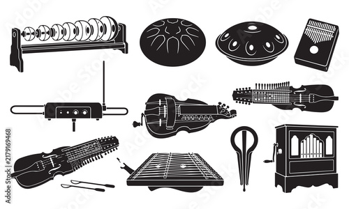 Foto Collection of unique and folk musical instrument silhouettes including handpan,