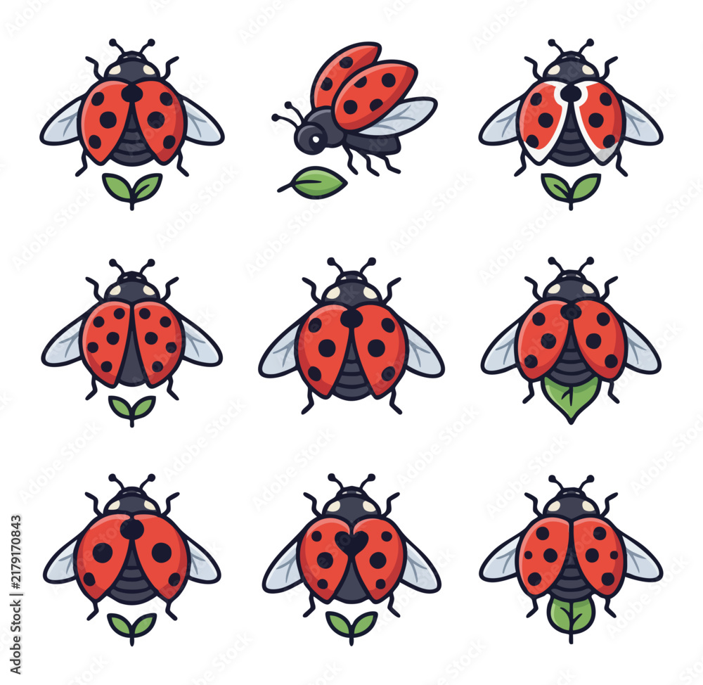 Fototapeta premium Adorable ladybug collection with green leaves and simple design