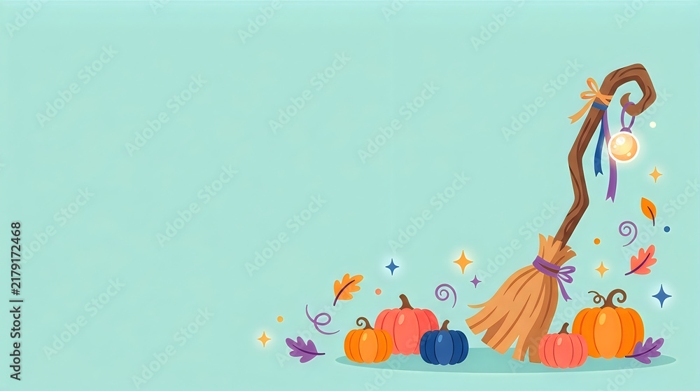 Fototapeta premium Witch broomstick with pumpkins and fall leaves vector background