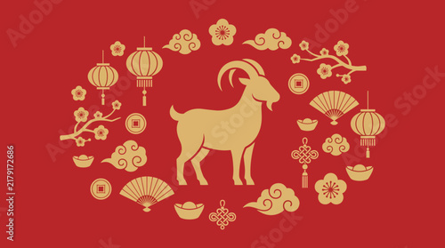Golden goat silhouette with traditional chinese new year symbols
