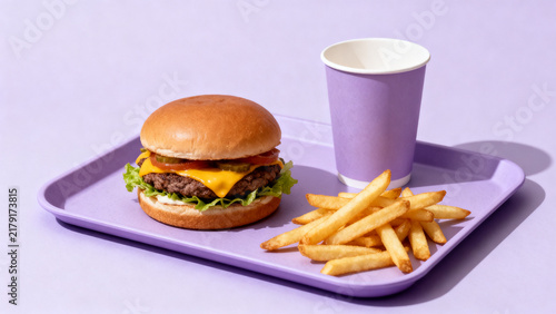 Cheeseburger with french fries and drink on purple tray