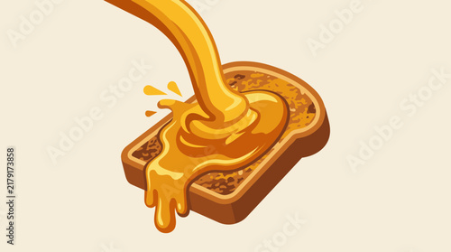 Vector illustration of syrup being poured on toast. Golden sweet liquid splashing onto bread slice. Warm brown breakfast food icon with sticky honey or maple texture. Top view graphic design