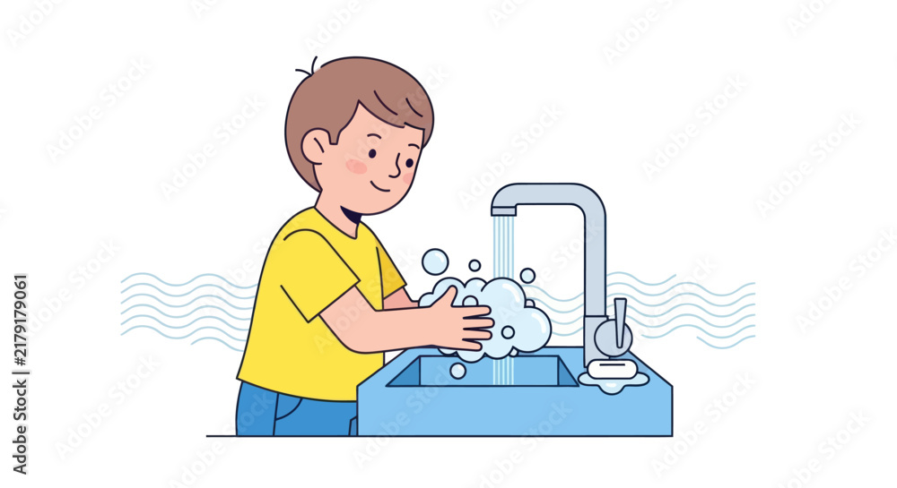 Fototapeta premium Young Boy Washing His Hands with Soap and Water at the Bathroom Sink for Personal Hygiene and Health Maintenance