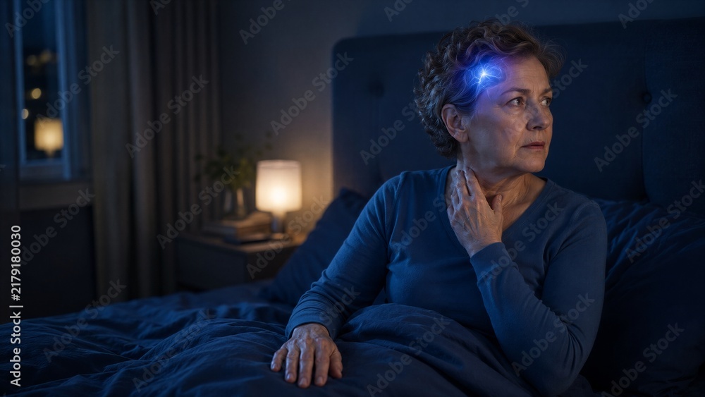 Fototapeta premium Mature woman sitting in bed at night touching neck with glowing brain visualization. Sleep disorder, headache and neurological health concept. Senior woman suffering from insomnia and memory problem