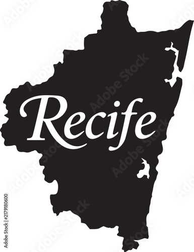 Black silhouette map of recife city in brazil with the name written in elegant white typography
