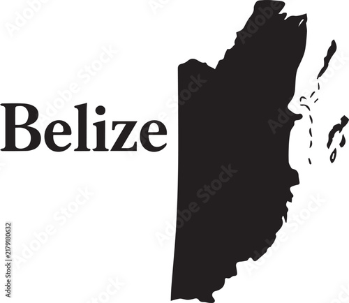 A simple black silhouette map of the country of belize isolated on a plain white background with text label