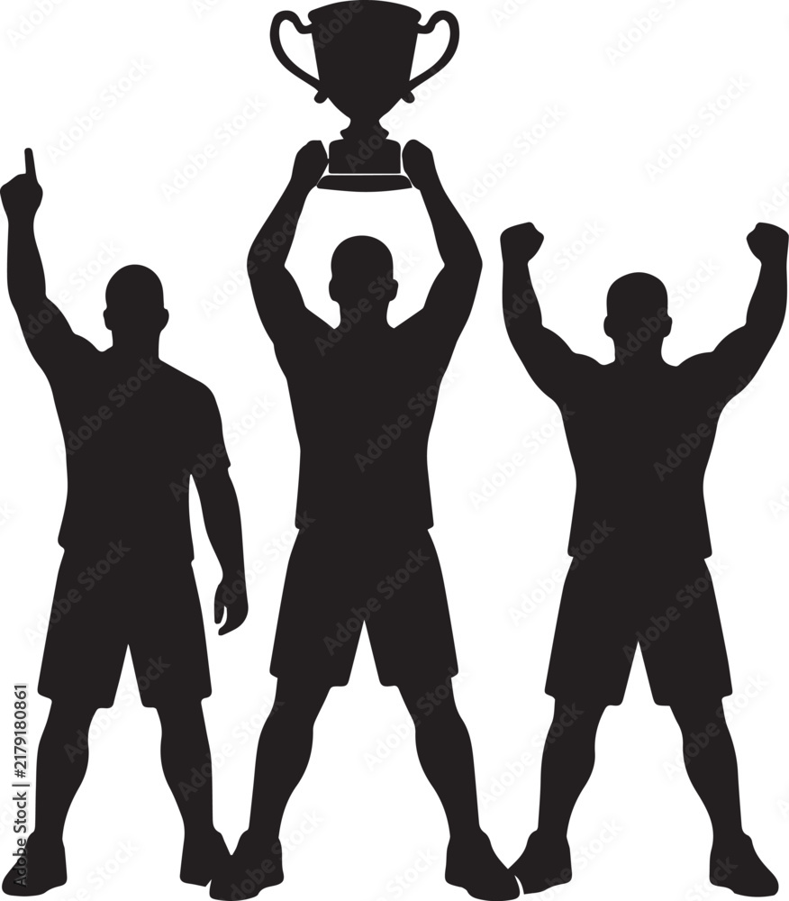 Fototapeta premium Silhouette of a winning sports team celebrating with a gold trophy cup on a white background