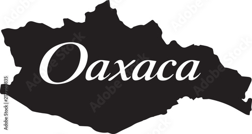 Black silhouette map of the mexican state of oaxaca with the name written in elegant white serif font