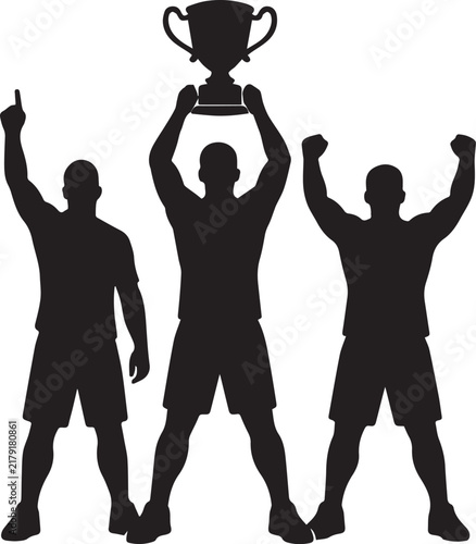 Silhouette of a winning sports team celebrating with a gold trophy cup on a white background