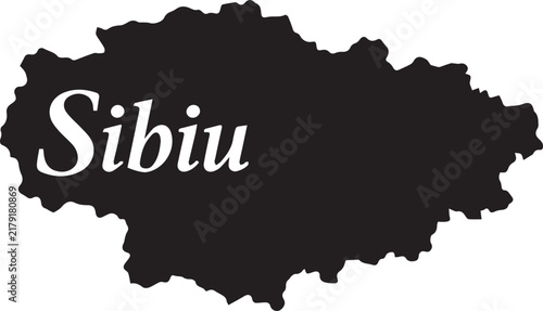 Black silhouette map of sibiu county in romania with the name written in white serif font