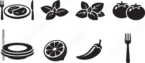 Set of black and white food and kitchen icons featuring fresh vegetables herbs and dining cutlery elements