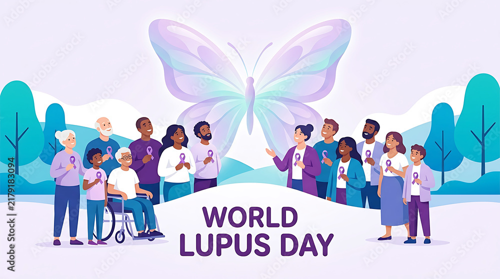 Fototapeta premium Diverse group of people showing purple ribbons and a large butterfly symbolizing world lupus day awareness and support
