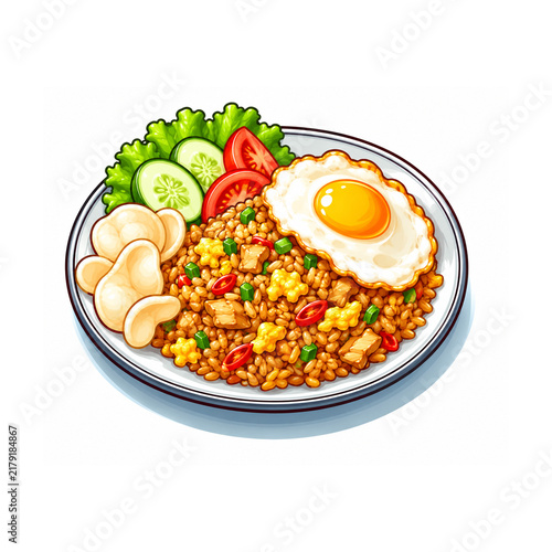Traditional Indonesian Fried Rice (Nasi Goreng) with Egg and Vegetables