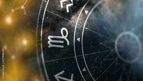Fotografía Astrology zodiac signs and symbols on a starry background showing different cons