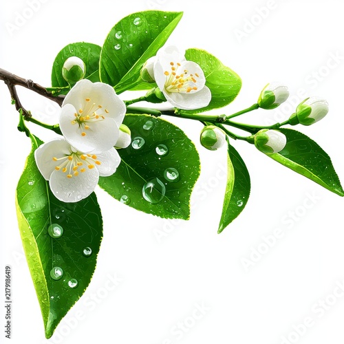 Fresh Spring Blossoms with Dew Drops Isolated Illustration