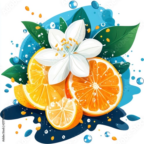 Vibrant Orange Slices Illustration with Blossom, Leaves and Water Splashes