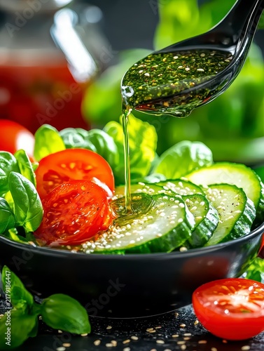 Vibrant Fresh Salad with Vinaigrette Dressing Pouring, Healthy Eating