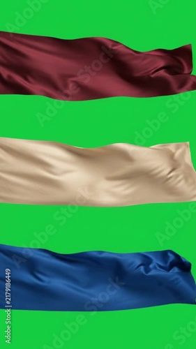 Burgundy beige and blue silk satin fabric banners waving on green screen background