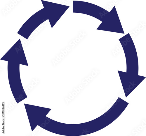 Dark blue circular arrow diagram showing a continuous process cycle with circular rotation direction infographic illustration business strategy management operation development structure