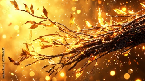 Golden Glowing Branches and Leaves with Sparkling Light and Bokeh Background