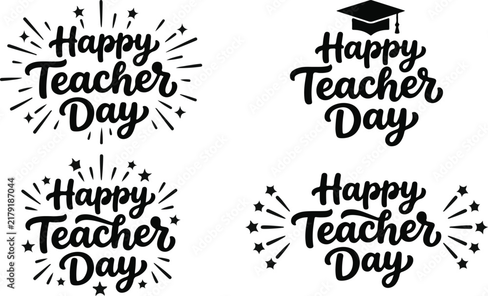 Obraz premium Happy teacher day handwritten calligraphy collection with decorative elements and graduation cap