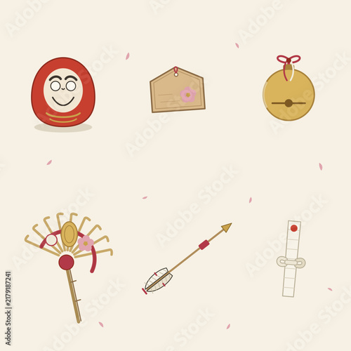 Hatsumode lucky charm set, Japanese New Year shrine items vector collection