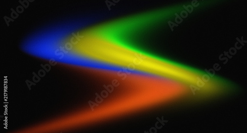 Abstract Grainy Gradient Background with Diagonal Wave Motion of Blue Green Yellow and Red Light on Black Surface