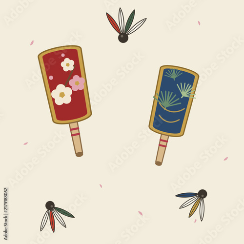 Hanetsuki New Year game set, hagoita paddles and hane shuttlecocks vector collection