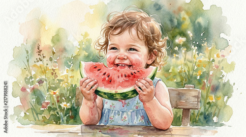 Cute toddler enjoying watermelon slice while sitting outdoors  