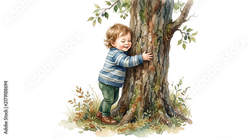 Young boy hugging a tree with a joyful expression in nature  