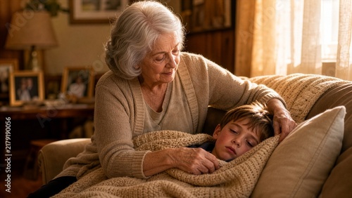 Grandmother caring for sick grandson resting on the sofa at home during cold and flu season, family care and comfort concept