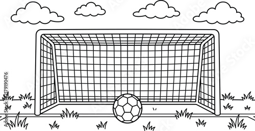 Soccer Goal Net Ball Coloring Page Outline Football Field Vector Art