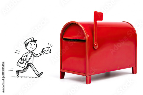 A dynamic black-and-white line drawing captures a postal worker in motion, sprinting towards a striking red mailbox.