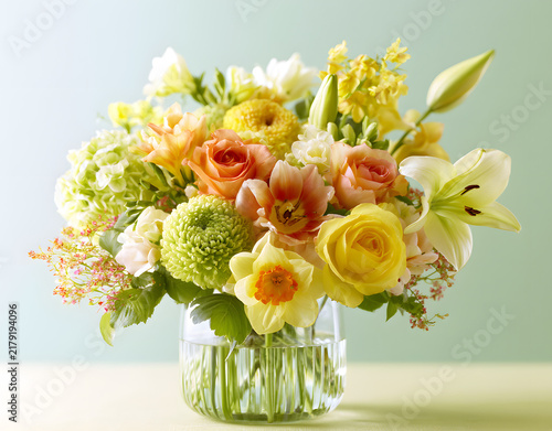 Fototapeta kuchenna radiant spring floral arrangement with cheerful blooms against a soft pastel backdrop for festivities