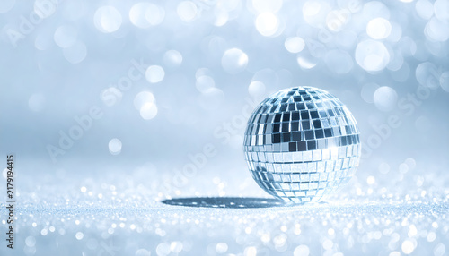 Sparkling disco ball throwing light dots over metallic silver background creating nostalgic party mood generative AI