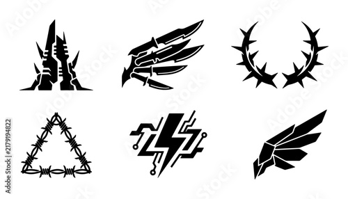 Aggressive Emblem Set: Tribal Spikes, Knife Wings, Thorn Crown, Barbed Wire Triangle, Tech Lightning, Geometric Wing Icons