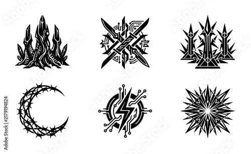 Dark Fantasy Emblems, Gothic Symbols, Mystical Crests, and Occult Icons Set: Black and White Vector Graphics for Gaming and Horror Themes