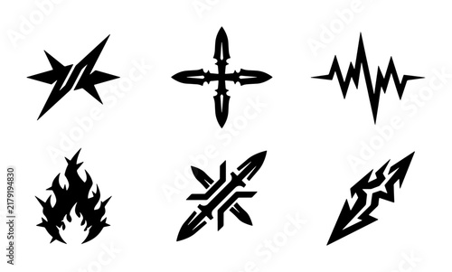Abstract Tribal Symbols, Tribal Fire Icon, Geometric Starburst, Pulse Wave, Arrow Cross, Tribal Design Elements, Vector Graphics Set