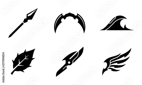 Mythical Creature Icons, Fantasy Symbols Set: Spear, Crescent Blade, Wave, Leaf, Dagger, Winged Emblem Vector Graphics for Game Design, Mythology Art, and Fantasy Concepts